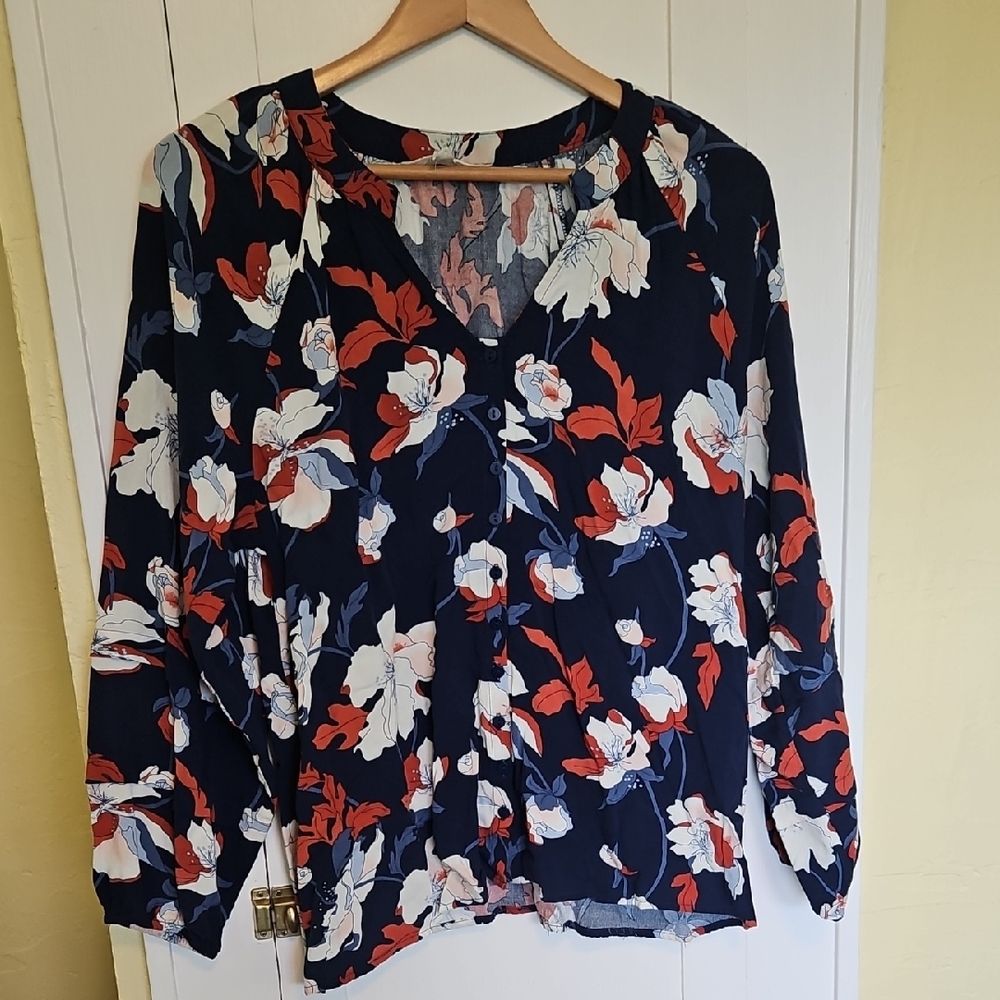 Linda Anderson Meadow Bloom Navy Floral Peasant Blouse Size L